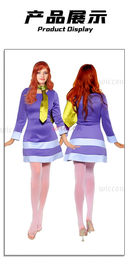 Daphne cosplay Halloween costume for women with a purple dress and green scarf for a classic look