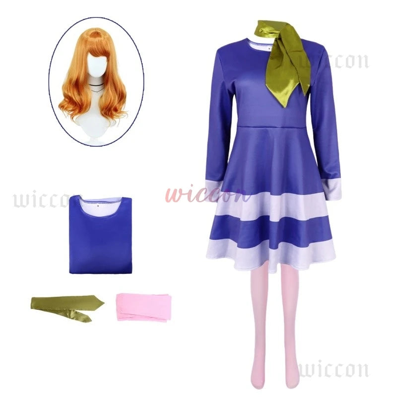Daphne cosplay Halloween costume for women featuring a purple dress, green scarf, and accessories