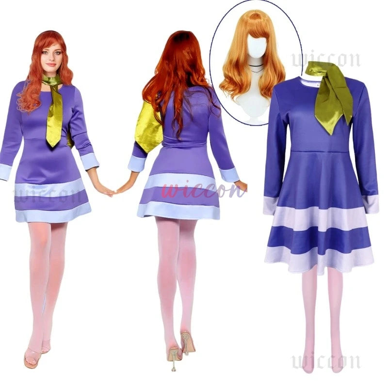 EtherealBe Daphne cosplay Halloween costume for women with purple dress, green scarf, and pink tights