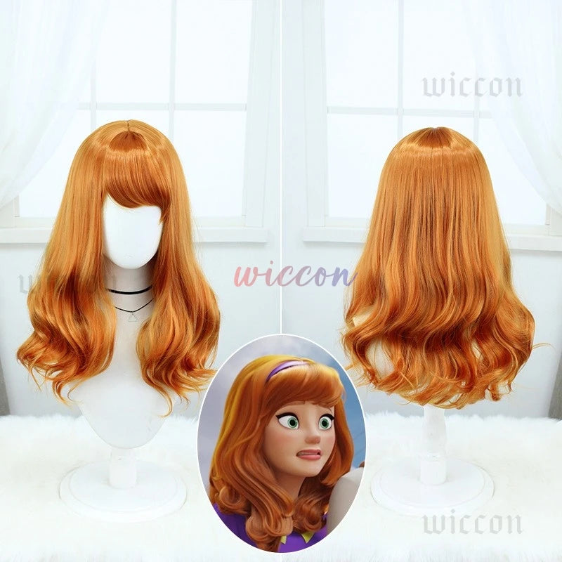 EtherealBe Daphne cosplay Halloween costume for women featuring a long orange wig with waves