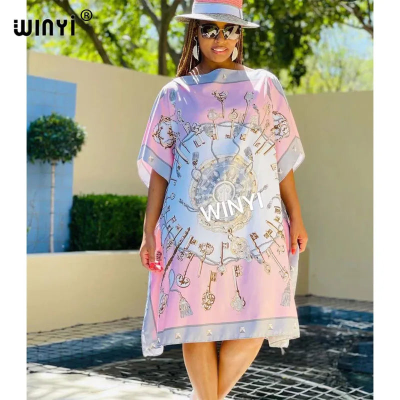 EtherealBe long femme chic vestido for women featuring a stylish key print and relaxed fit in pastel colors
