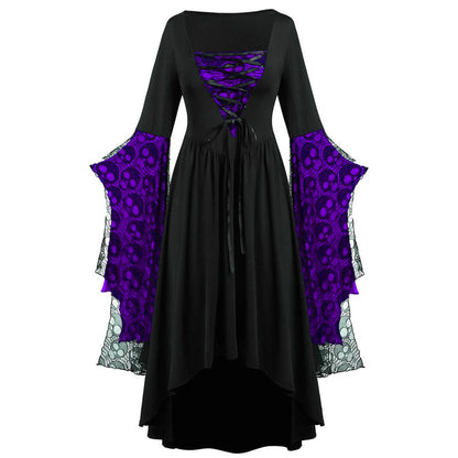 Elegant witch vampire cosplay costume for women featuring black and purple skull design with dramatic sleeves