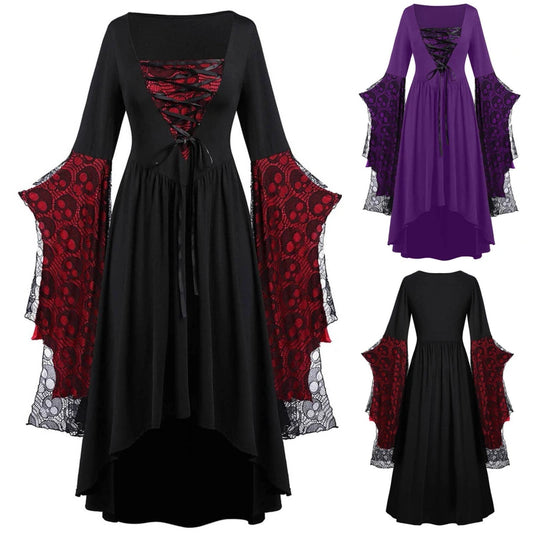 Black and red witch vampire cosplay costume for women with lace bell sleeves and lace-up front
