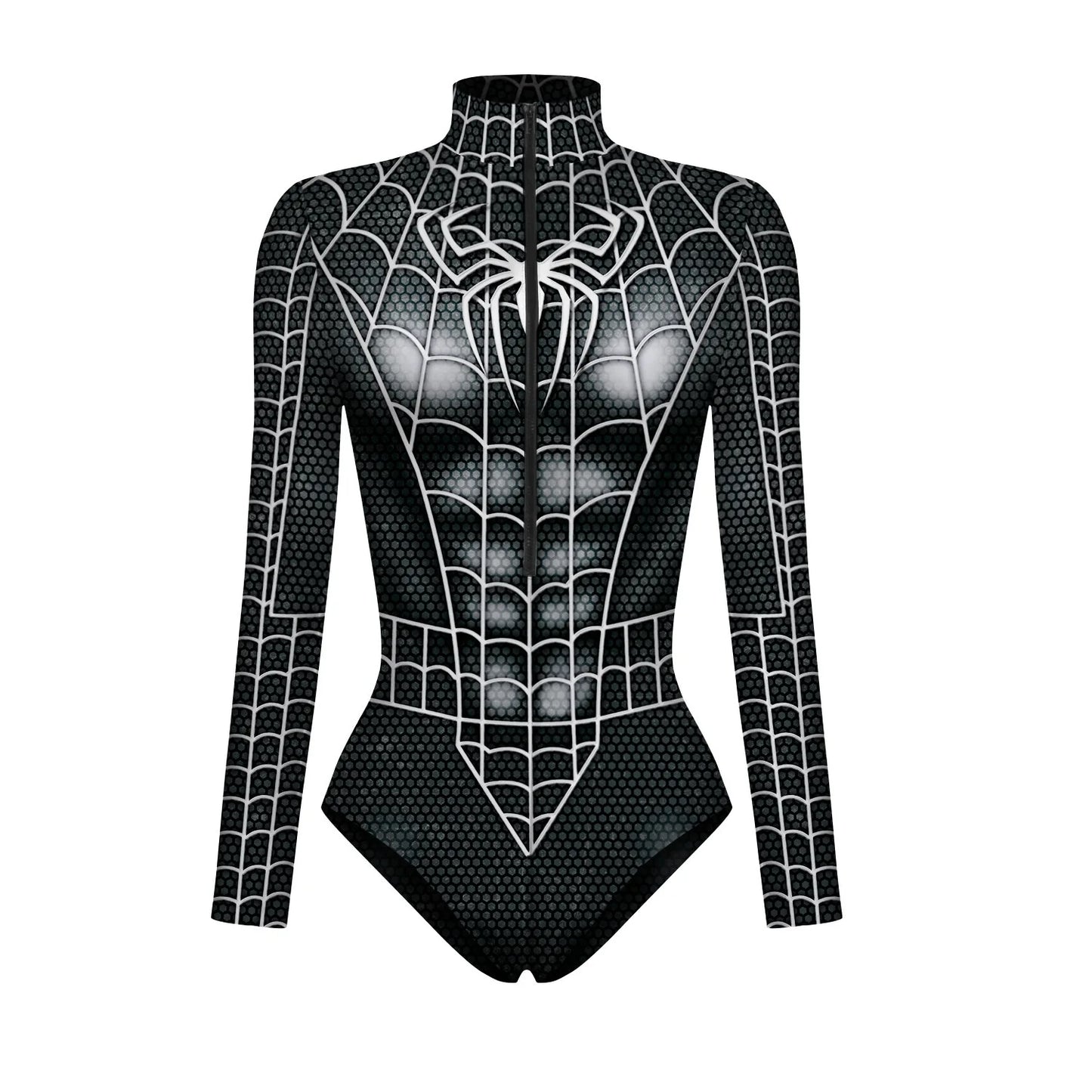 EtherealBe Wolverine Deadpool Spiderman cosplay bodysuit with detailed spider web design and long sleeves