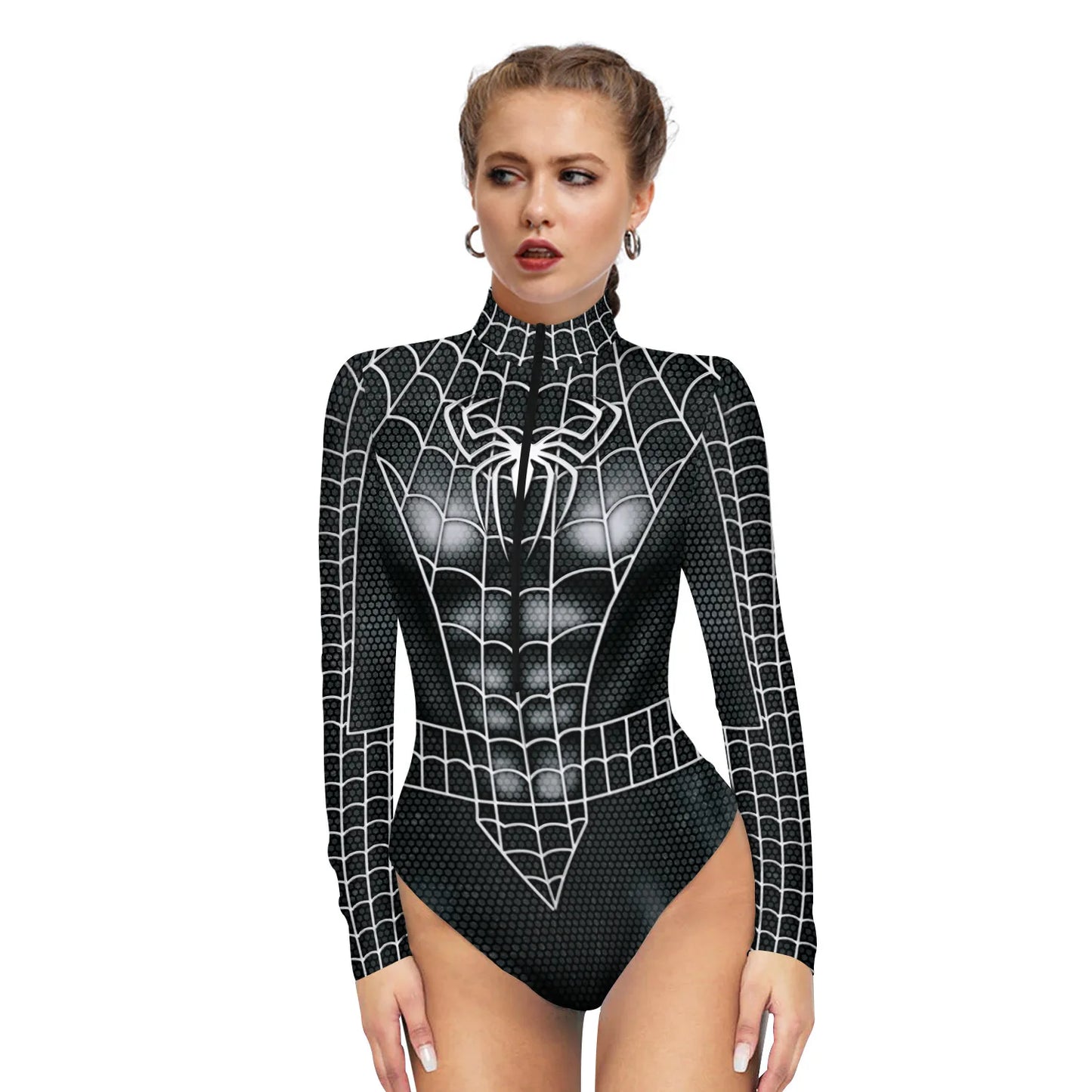 Wolverine Deadpool Spiderman cosplay bodysuit featuring a sleek black design with web patterns