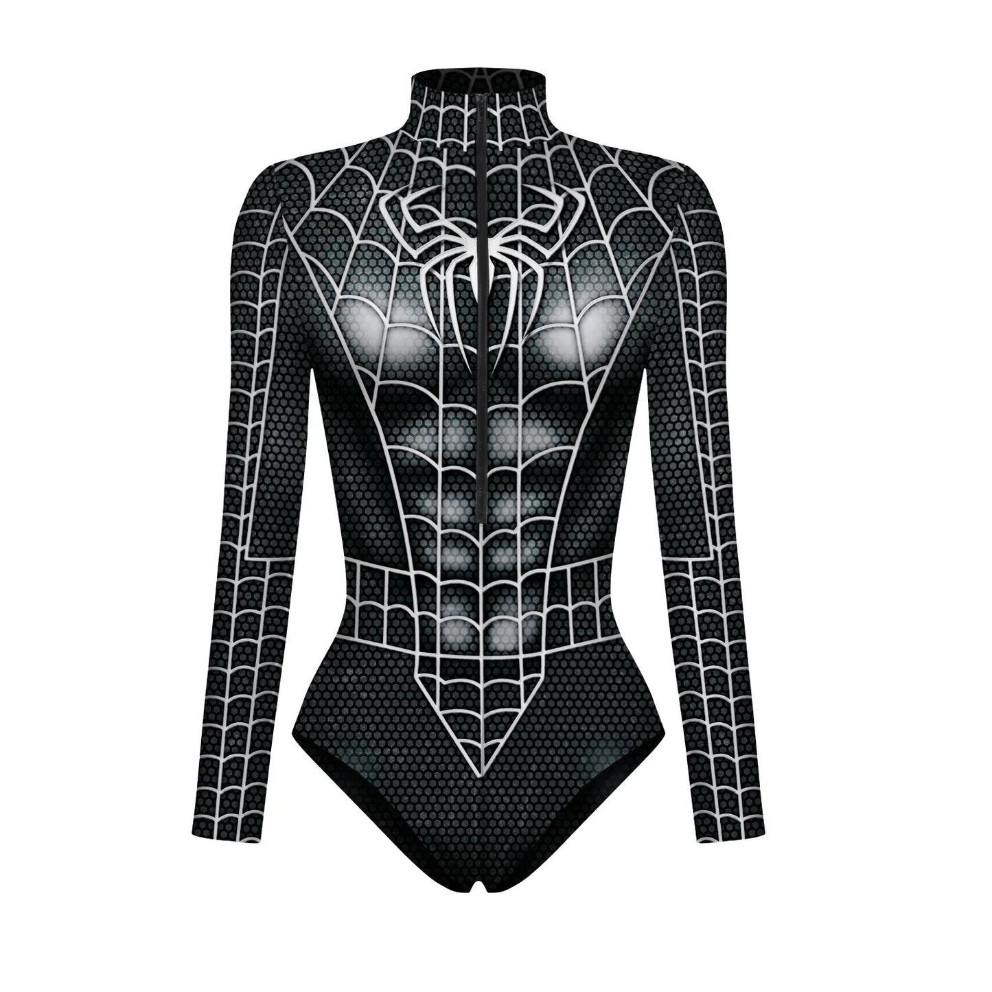 EtherealBe Wolverine Deadpool Spiderman cosplay bodysuit in black with web pattern and high collar design