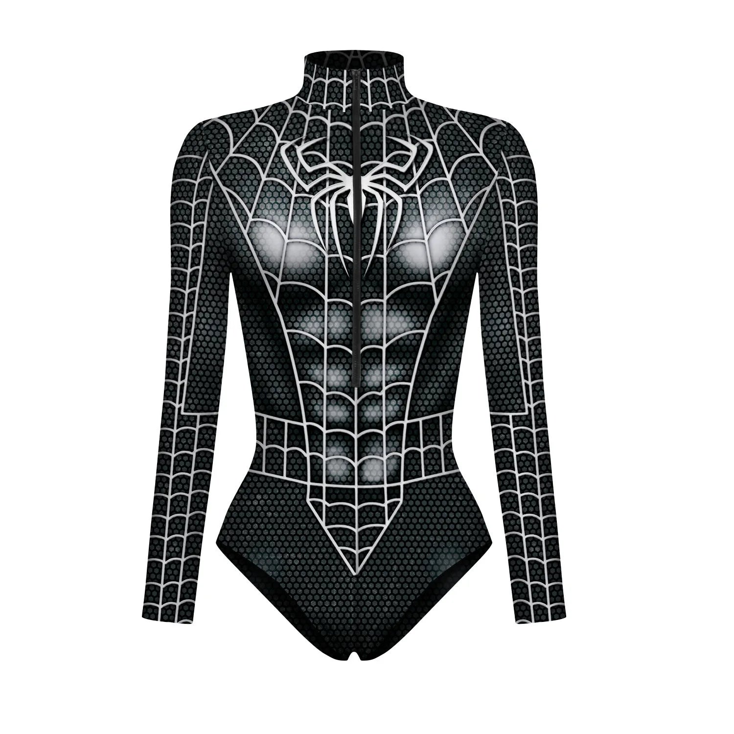 EtherealBe Wolverine Deadpool Spiderman cosplay bodysuit in black with web pattern and high collar design