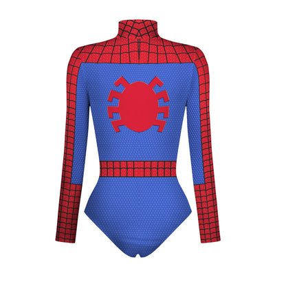EtherealBe Wolverine Deadpool Spiderman cosplay bodysuit with vibrant red and blue design for comic fans