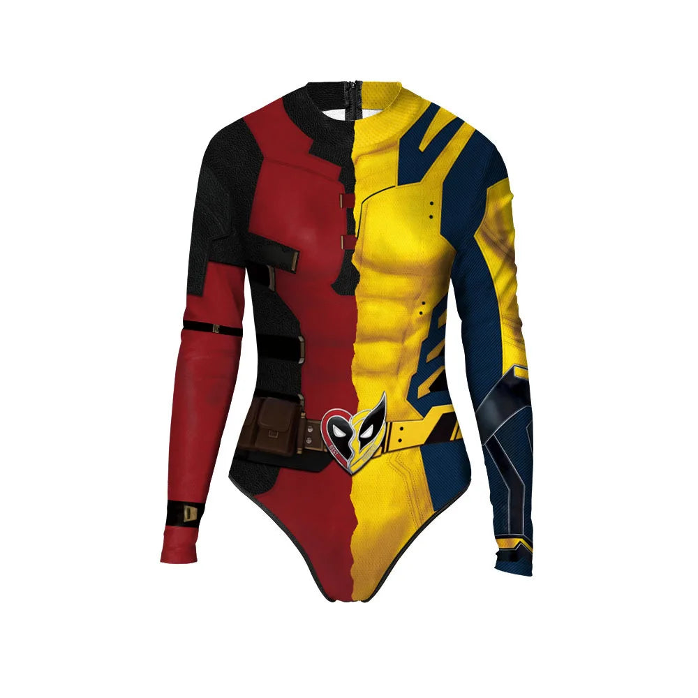 Wolverine Deadpool Spiderman cosplay bodysuit featuring a vibrant design and zip closure for costume parties