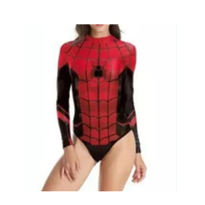 EtherealBe Wolverine Deadpool Spiderman cosplay bodysuit in red and black with a web pattern