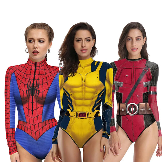 Wolverine Deadpool Spiderman cosplay bodysuit featuring three superhero designs for fans and events