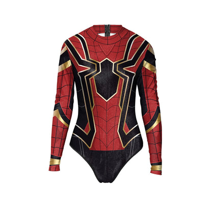 Wolverine Deadpool Spiderman cosplay bodysuit with vibrant red and black design for superhero fans