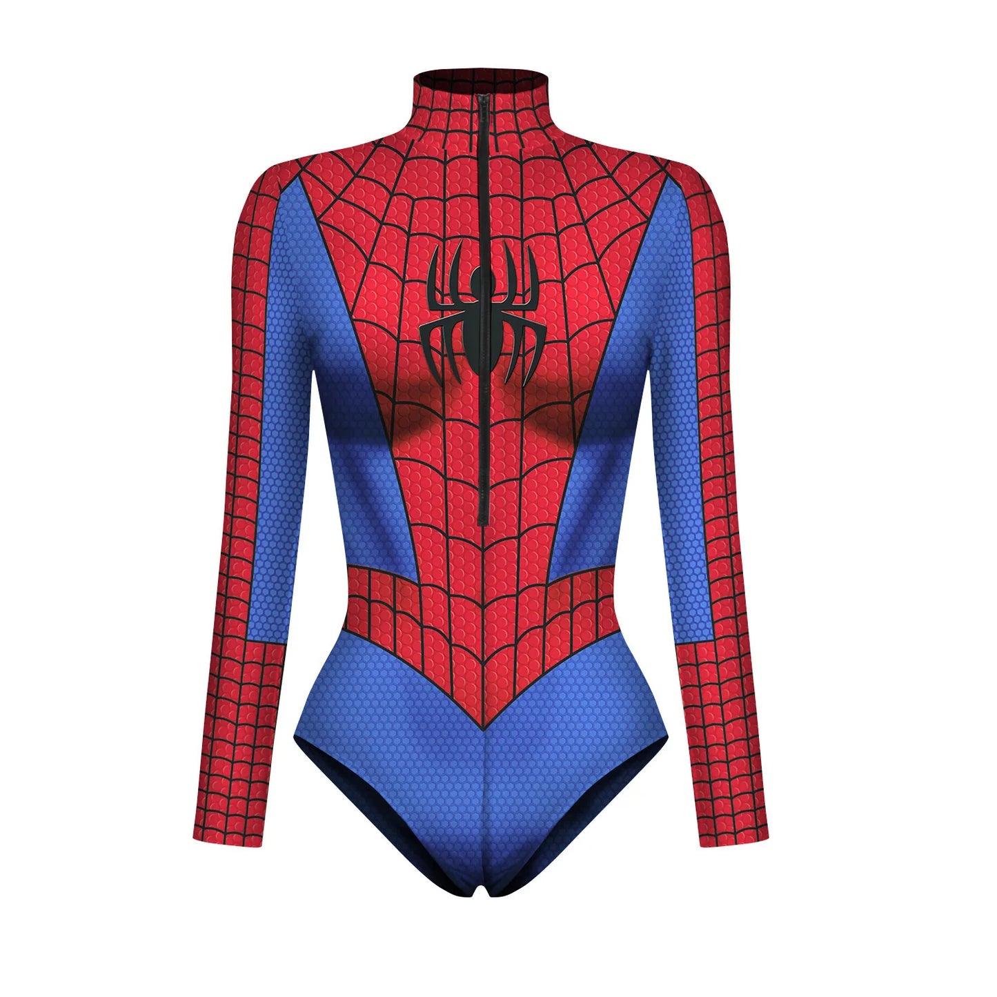 Wolverine Deadpool Spiderman cosplay bodysuit featuring iconic red and blue Spider-Man design