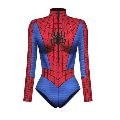 Wolverine Deadpool Spiderman cosplay bodysuit featuring iconic red and blue Spider-Man design