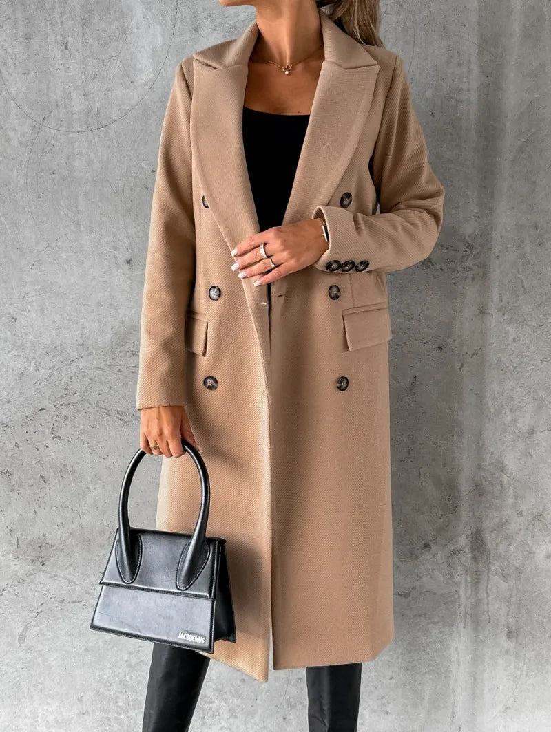 EtherealBe women's double-breasted wool coat in beige with deep pockets and stylish buttons