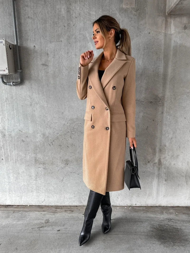 EtherealBe women's double-breasted wool coat in beige with elegant buttons and stylish silhouette
