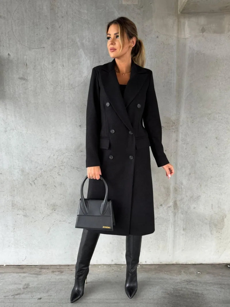 EtherealBe women's double-breasted wool coat in black, styled with knee-high boots and a handbag