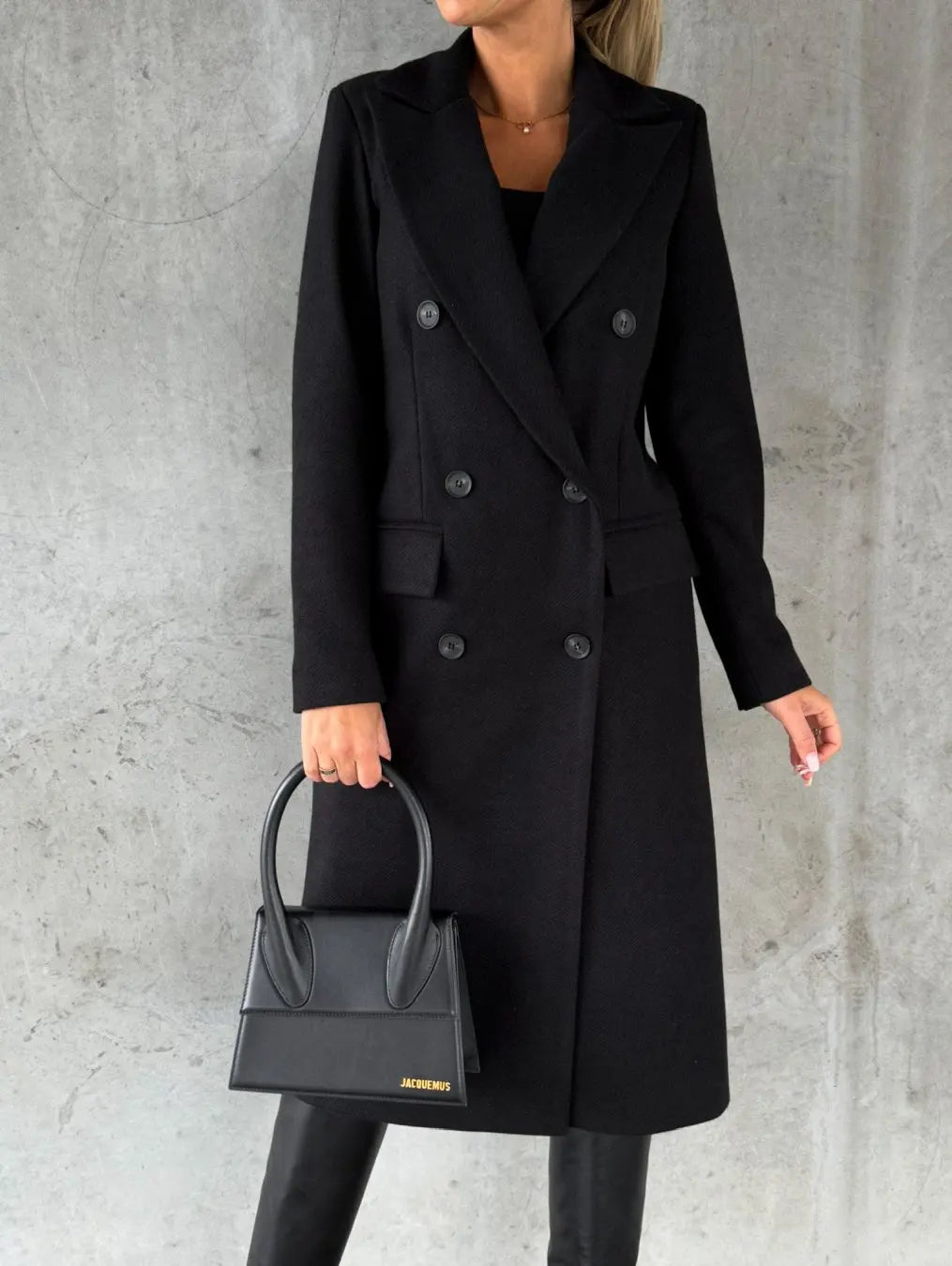 EtherealBe women's double-breasted wool coat in black with stylish buttons and tailored fit