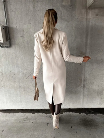 EtherealBe women's double-breasted wool coat in cream with a sleek silhouette and elegant design