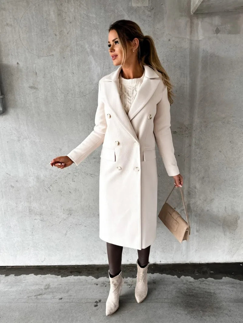 EtherealBe women's double-breasted wool coat in light color, perfect for stylish winter outfits