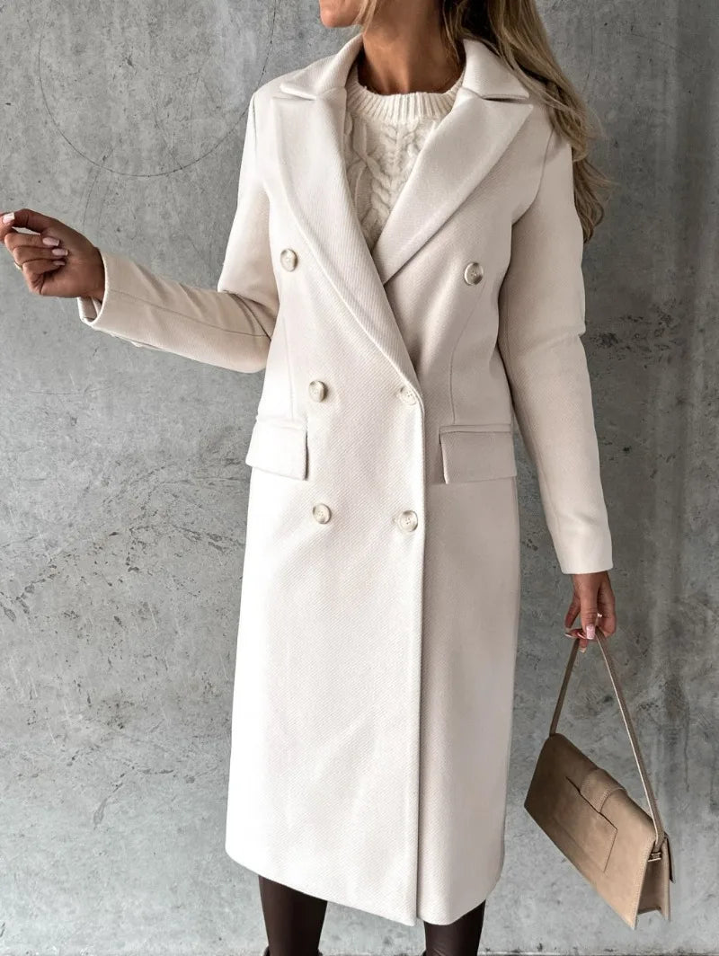 EtherealBe women's double-breasted wool coat in soft beige, perfect for stylish winter layering