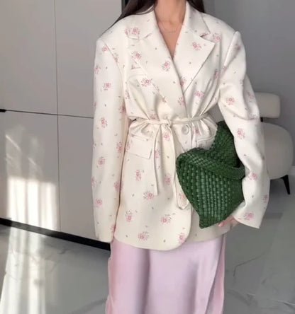 EtherealBe elegant casual blazer for women featuring floral design and belted waist for a stylish look