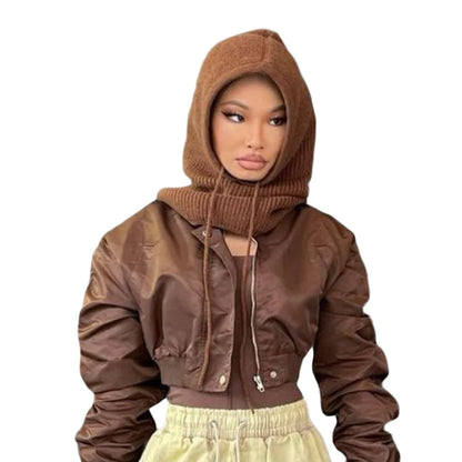 Stylish EtherealBe knit pullover balaclava for women in brown, perfect for warmth and fashion.