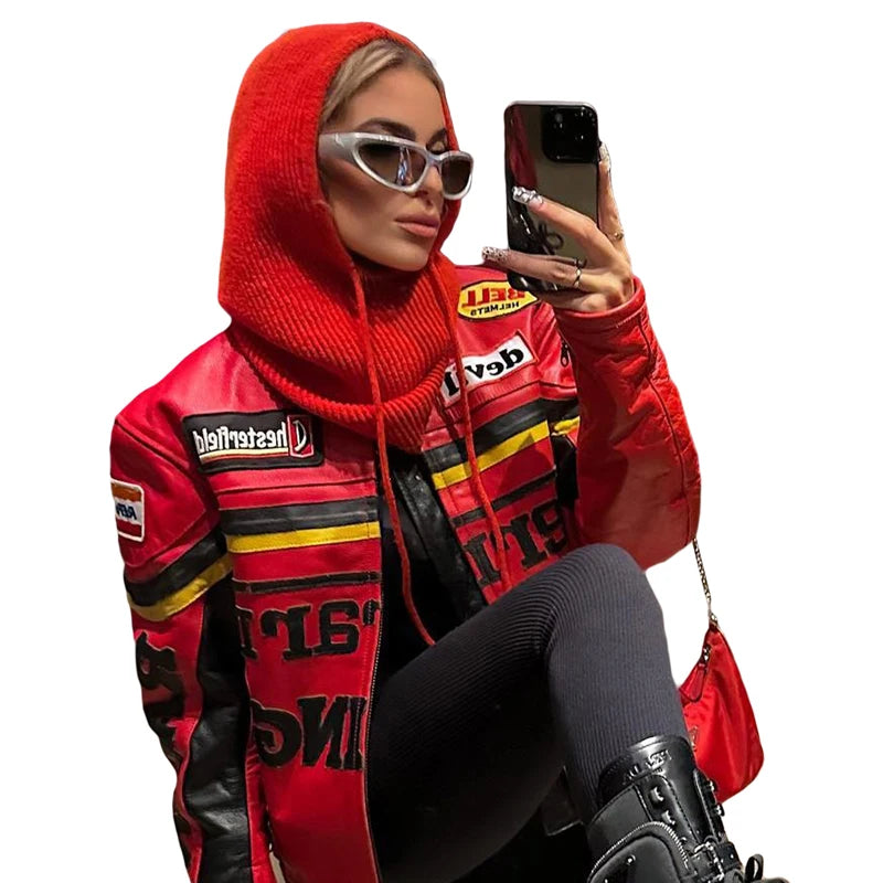 EtherealBe knit pullover balaclava for women in red, styled with a sporty jacket and sunglasses