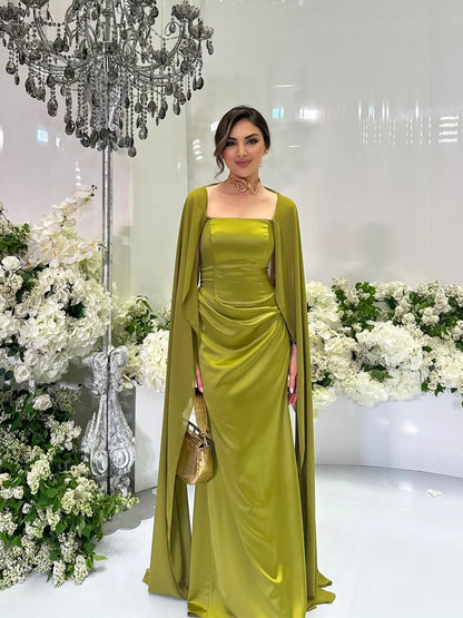 EtherealBe women's fairy style formal gown in olive green with elegant cape detailing