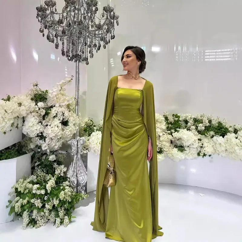 EtherealBe women's fairy style formal gown in green with flowing cape sleeves and elegant design