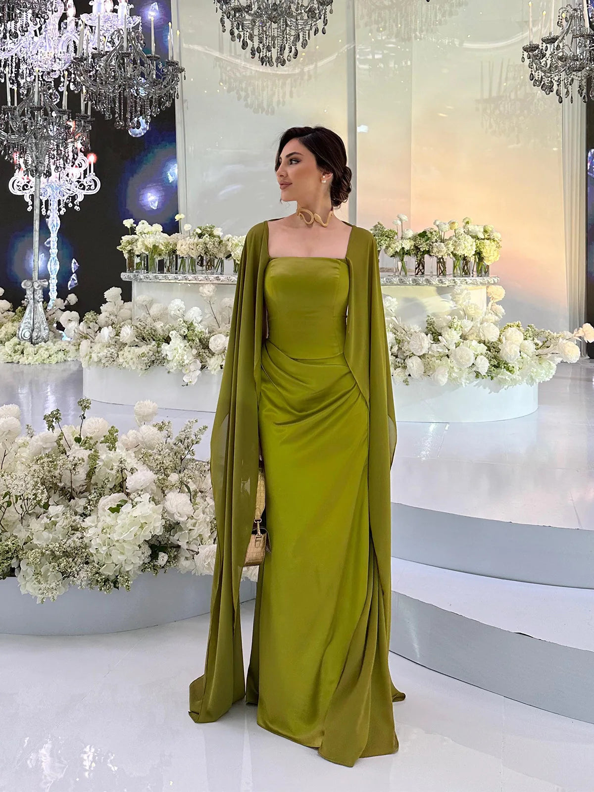 EtherealBe women's fairy style formal gown in green with flowing sleeves, perfect for elegant events