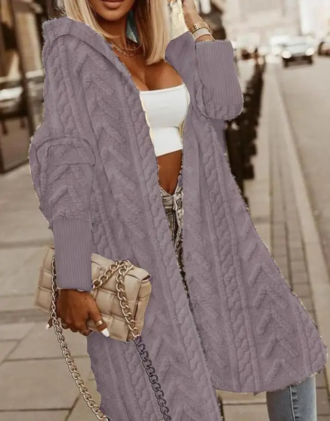EtherealBe women's fashion oversized hooded coat in soft purple with cable knit design and cozy fit