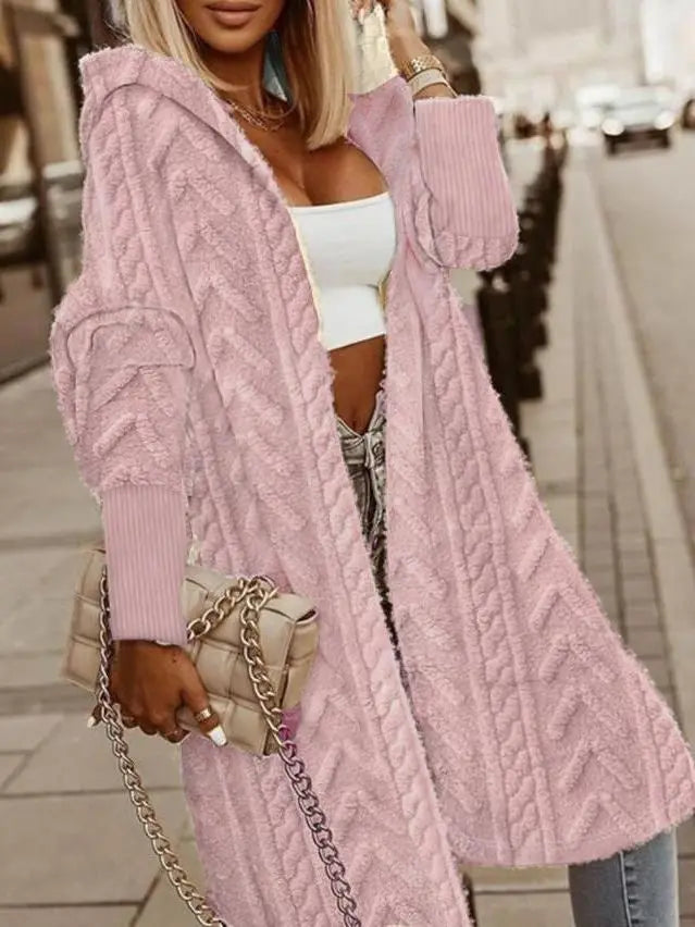 EtherealBe women's fashion oversized hooded coat in pink with cable knit design, perfect for stylish layering.