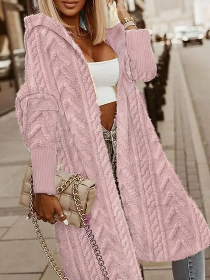 EtherealBe women's fashion oversized hooded coat in pink with cable knit design, perfect for stylish layering.