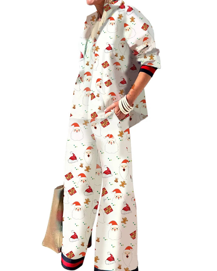 Womens floral print pant set with festive design featuring Santa and holiday gifts for a cheerful look