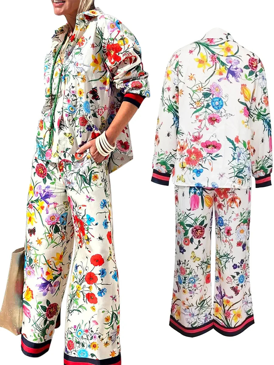 Womens floral print pant set with vibrant colors and elegant floral designs, perfect for stylish summer outings