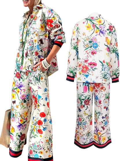 Womens floral print pant set with vibrant colors and elegant floral designs, perfect for stylish summer outings