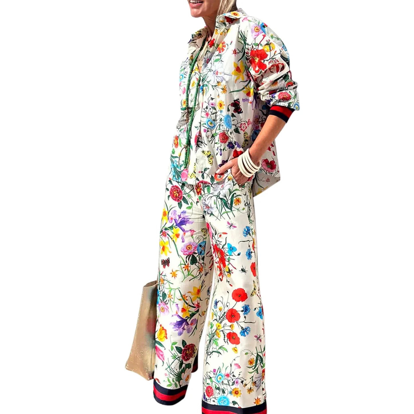 EtherealBe womens floral print pant set featuring a stylish floral jacket and wide-leg pants