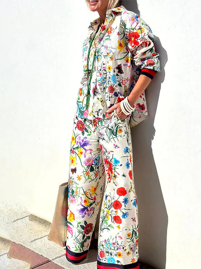 EtherealBe womens floral print pant set featuring a vibrant floral shirt and wide-leg pants for a stylish look