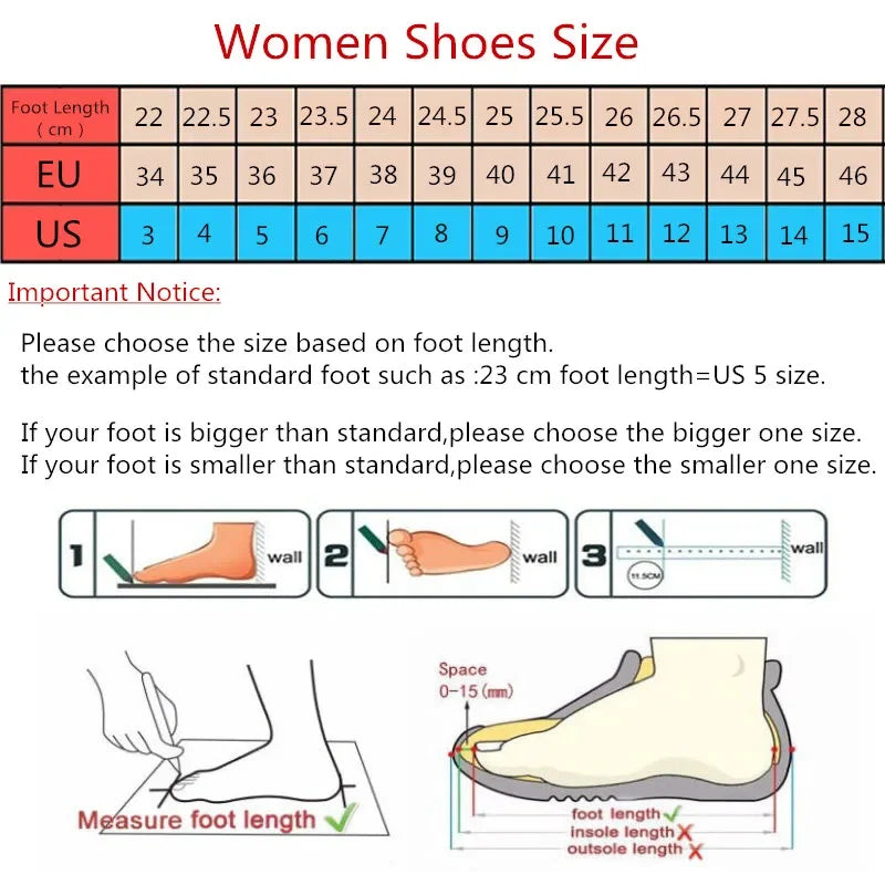 Size chart for women's slip on Mary Jane shoes showing EU and US foot length measurements