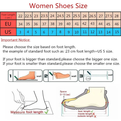 Size chart for women's slip on Mary Jane shoes showing EU and US foot length measurements