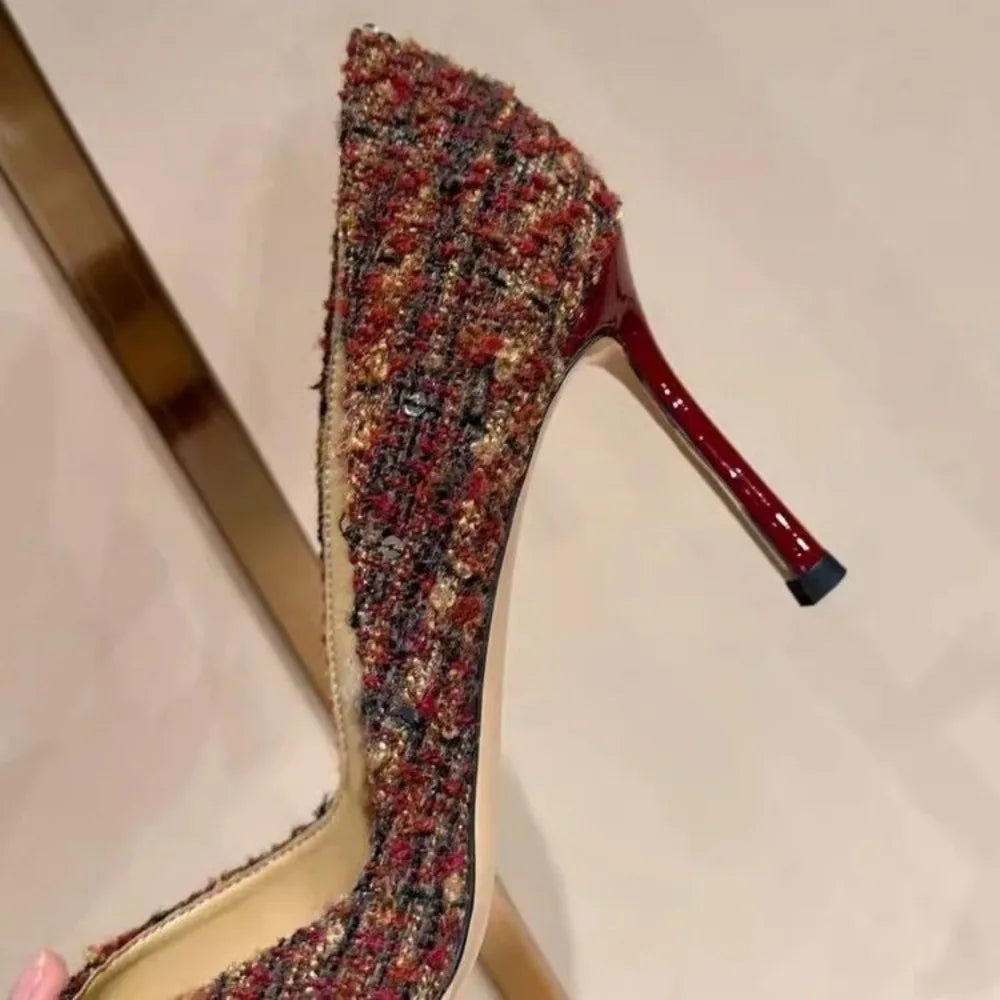 EtherealBe women’s suede stiletto pumps with a textured red and gold fabric design