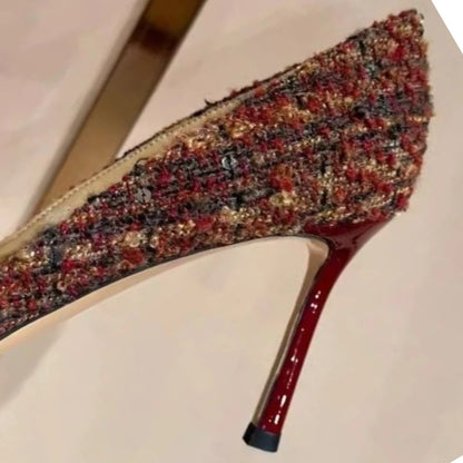 EtherealBe women's suede stiletto pumps with a textured design and a sleek red heel for elegant style