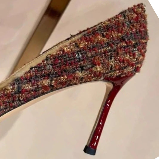 EtherealBe women's suede stiletto pumps with a textured design and a sleek red heel for elegant style