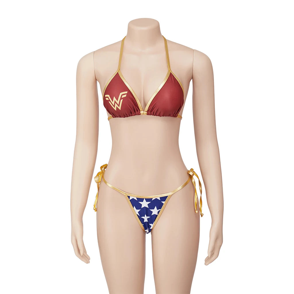 EtherealBe Wonder Woman bikini cosplay set featuring a stylish red and blue design with iconic logos