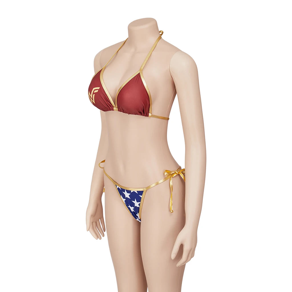 EtherealBe Wonder Woman bikini cosplay set featuring red and blue colors with gold accents