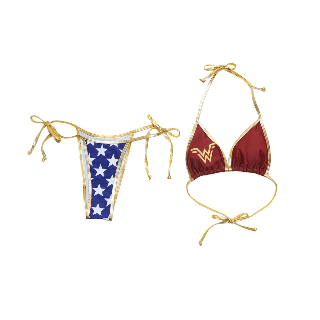 Wonder Woman bikini cosplay set featuring a starry bottom and a red top with gold accents