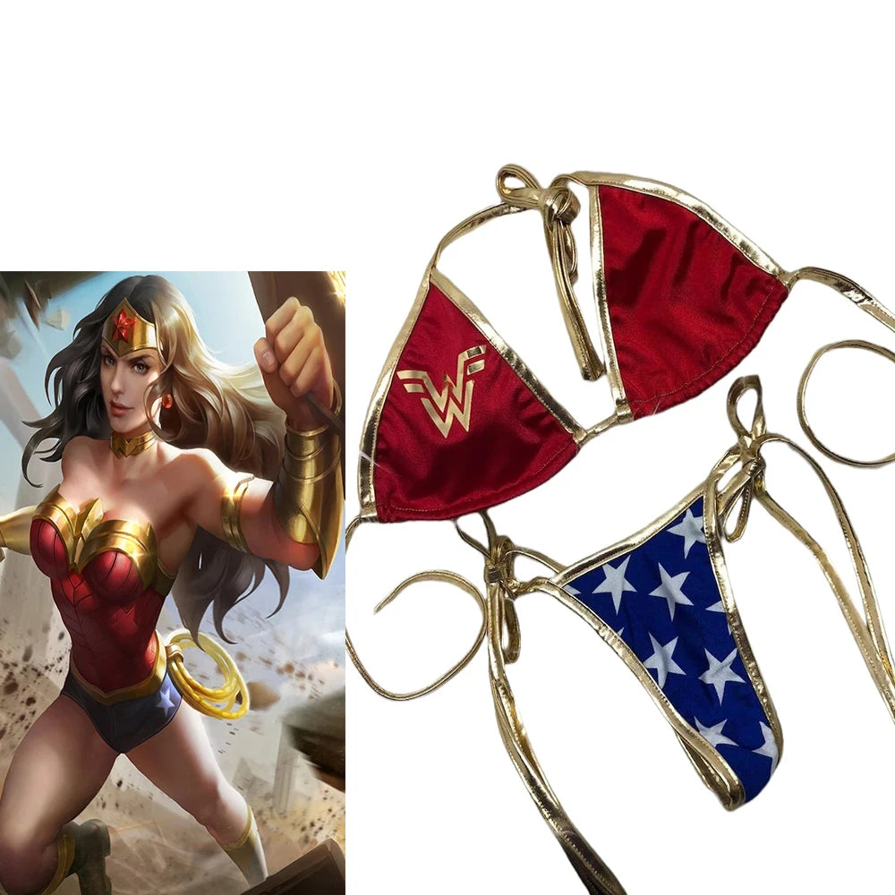 EtherealBe Wonder Woman bikini cosplay set with red and blue design and gold accents for costume enthusiasts