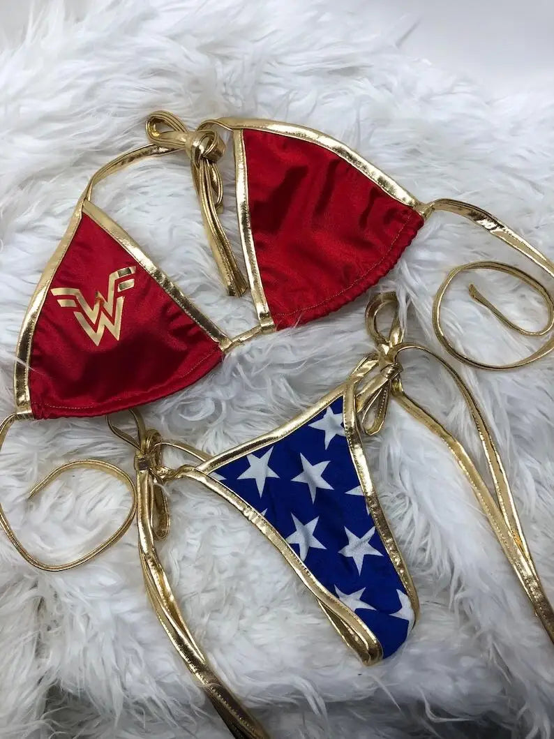 EtherealBe Wonder Woman bikini cosplay set in red and blue with golden accents and star designs