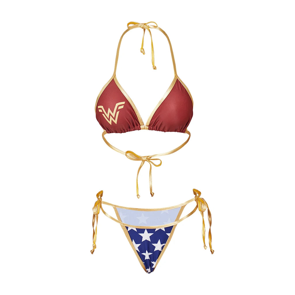 EtherealBe Wonder Woman bikini cosplay set featuring iconic colors and design for superhero fans